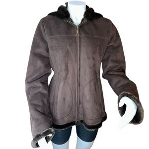 Jones New York Womens Brown Long Sleeve Hooded Fleece Full-Zip Jacket Size M
